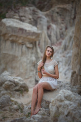 Travel to Asia, Vietnam. Beautiful girl, blonde walks in the sights of Muine