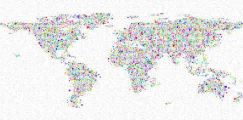 Simplified symbolic dot pattern world map. Flat earth. Colorful vivid map template for mobile apps, websites, reports, news, infographics. Globe map. Travel worldwide backdrop