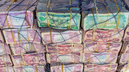 Hargeysa, Somaliland - Nobember 10, 2019: Boxes of Colorful Money selling on the Street