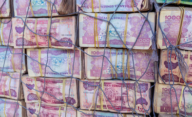 Hargeysa, Somaliland - Nobember 10, 2019: Boxes of Colorful Money selling on the Street