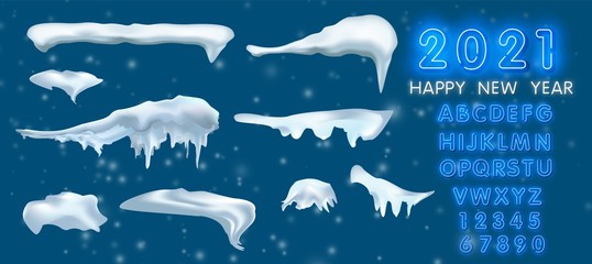 Set of Isolated snow cap. Snowy elements on winter background. Vector template in naturalistic style for your design. Snowfall and snowflakes in motion