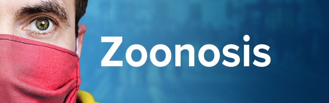 Zoonosis. Man Wearing Face Mask (Respirator). Blue Background With People. Corona, Disease, Medicine, Health, Virus