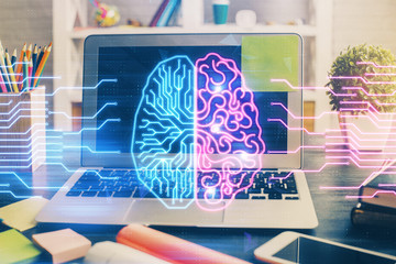 Double exposure of desktop computer and human brain drawing hologram. Ai concept.