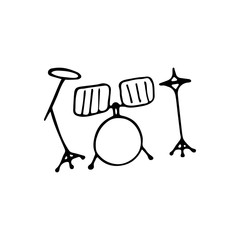 Single hand-drawn drum kit icon. Symbol of a musical instrument. Vector