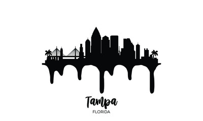 Tampa Florida black skyline silhouette vector illustration on white background with dripping ink effect.