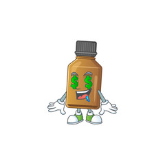 mascot character style of rich syrup cure bottle with money eyes