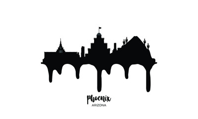 Phoenix Arizona black skyline silhouette vector illustration on white background with dripping ink effect.