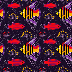 Naklejka premium Flat Colorful Tropical Aquarium Fishes Seamless Pattern