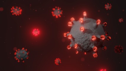 Corona virus disease background, red 3d render on dark background, infographics, symbol