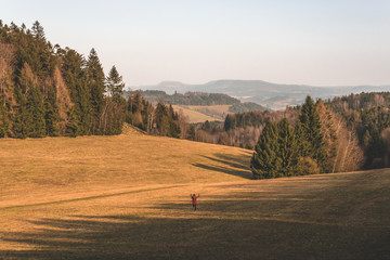 young woman runs in autumn landscape in the countryside