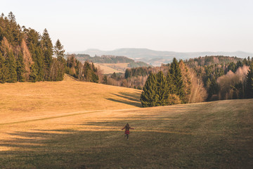 young woman runs in autumn landscape in the countryside