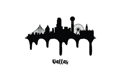 Dallas Texas USA black skyline silhouette vector illustration on white background with dripping ink effect.
