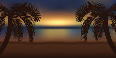 magic sunset on the beach with palm tree vector illustration EPS10
