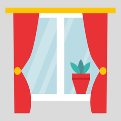 a window with the blinds or curtains. White window frames, red curtains gathered with yellow decorations. Blue glass.