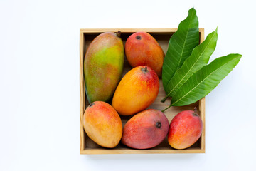 Tropical fruit, Mango  in wooden box on white background.
