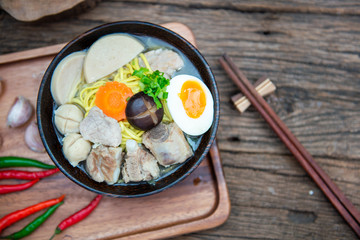 Chinese homemade pork soup noodle with egg, mushroom, pork balls, chilli, garlic , very yummy.