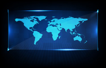 abstract background of digital futuristic halgram hud interface display of world maps earth