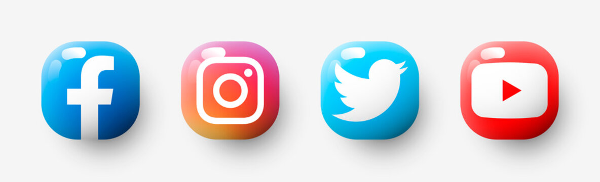 3d Set glossy of popular social app icons with shadow: facebook, instagram, twitter, youtube