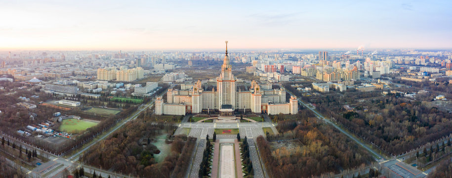 Aerial view of Lomonosov Moscow State University on Sparrow Hills, Moscow, Russia. Scenic panorama of Moscow with the Main building of MSU from above.