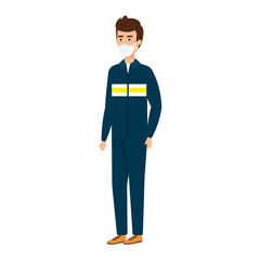 young man with overall uniform and face mask vector illustration design