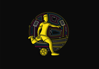 Football player kicks the ball, Flat Line art vector illustration.