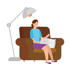 woman sitting in couch with laptop and floor lamp vector illustration design