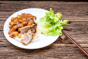 Rice with deep fried pork and curry in Japanese style. soft focus