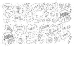 Obraz premium Online language school. Pattern with word HELLO in different languages. HELLO in spanish, arabic, chinese, japanese, french, english, italian.