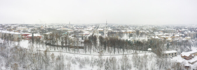 Panorama of the small town of Slobodskoy near Kirov on a winter day from above. Russia from the drone.