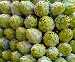 Fototapeta premium Close-up of a group of globe artichokes (Cynara cardunculus). Fresh artichoke group background.