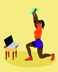 Beautiful afro american woman doing squats with dumbbells in her room. Illustration of a girl doing her workout.Home online fitness concept. Illustration in a flat style of a girl doing sports.