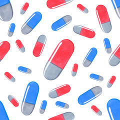 seamless pattern set of doctor, mask, tablets, capsules, syringes
