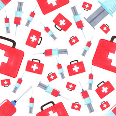 seamless pattern set of doctor, mask, tablets, capsules, syringes