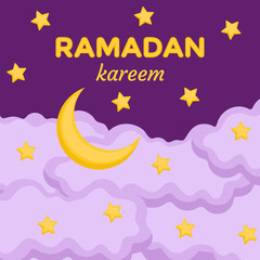 Obraz na płótnie Canvas Islamic Holy Month of Ramadan Kareem poster or invitation design with cute cartoon moon, stars and clouds on violet background. Flat vector stock illustration.