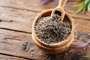 Lavender flowers in a wooden bowl