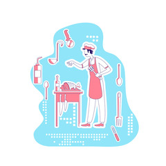 Chef thin line concept vector illustration. Male cook preparing meat, man wearing apron and cap 2D cartoon character for web design. Culinary, cooking, restaurant kitchen creative idea