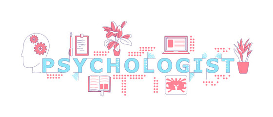 Psychologist word concepts word concepts thin line vector banner. Psychotherapy and psychoanalysis. Isolated typography with icons. Psychiatrist items creative illustration on white