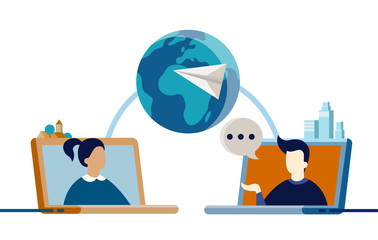 Flat vector illustration of two people from other sides of world talking on video chat - social media, long distance relationship, online network