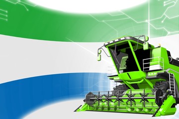 Digital industrial 3D illustration of green advanced wheat combine harvester on Sierra Leone flag - agriculture equipment innovation concept