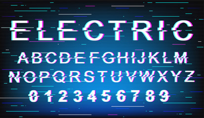 Electric glitch font template. Retro futuristic style vector alphabet set on turquoise background. Capital letters, numbers and symbols. Modern technology typeface design with distortion effect