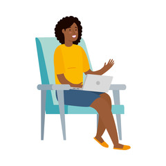 woman afro sitting in chair with laptop isolated icon vector illustration design
