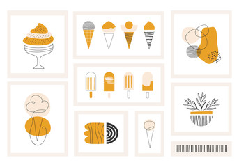 Set of contemporary art posters. Summer graphic design with ice cream and abstract shapes. Vector print illustration.