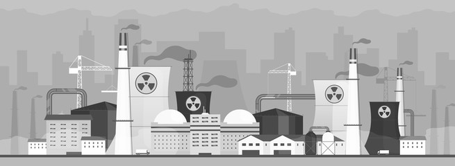 Air polluting factory flat color vector illustration. Dangerous power plant 2D cartoon landscape with cityscape on background. Industrial energy station fuming toxic waste. Hazardous city smog problem