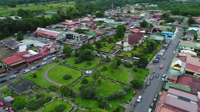 La Fortuna village, Costa Rica 12.11.19 - Aerial view of town and Church on the Parque Central square