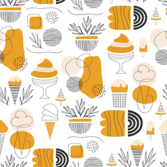 Seamless abstract pattern with geometric shapes. Summer design with vintage ice cream illustration.