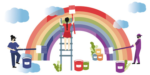 Fototapeta na wymiar Hope Coronavirus Rainbow concept. Motivational slogan Everything will be fine, ok. People paint the rainbow together as a symbol of overcoming the epidemic.