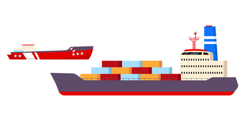 Freight ships flat color vector objects set. Industrial nautical vessels 2D isolated cartoon illustrations on white background. International cargo transportation, sea import, export business