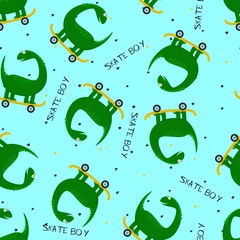 Cute dinosaur rides on skateboard. Seamless pattern. Ideal texture for fabric kids, textile, apparel.