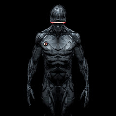 Cyberpunk android portrait / 3D illustration of male science fiction humanoid robot wearing futuristic glasses isolated on black background - 338732183