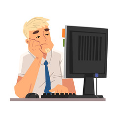 Bored Businessman Employee Man Working with Computer, Unmotivated or Unproductive Manager Character Vector Illustration